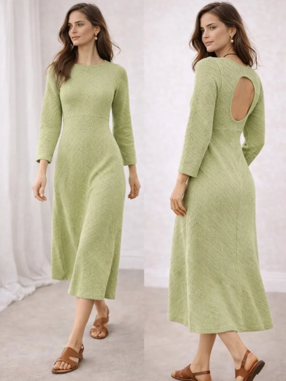 Anthropologie Free People Midi Dress Open Back Green Boho Fitted Long Sleeve